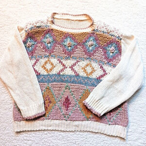 Y2K Sweater Floral Embroidered Size L Chunky Texture Preppy Nordic Cottagecore
